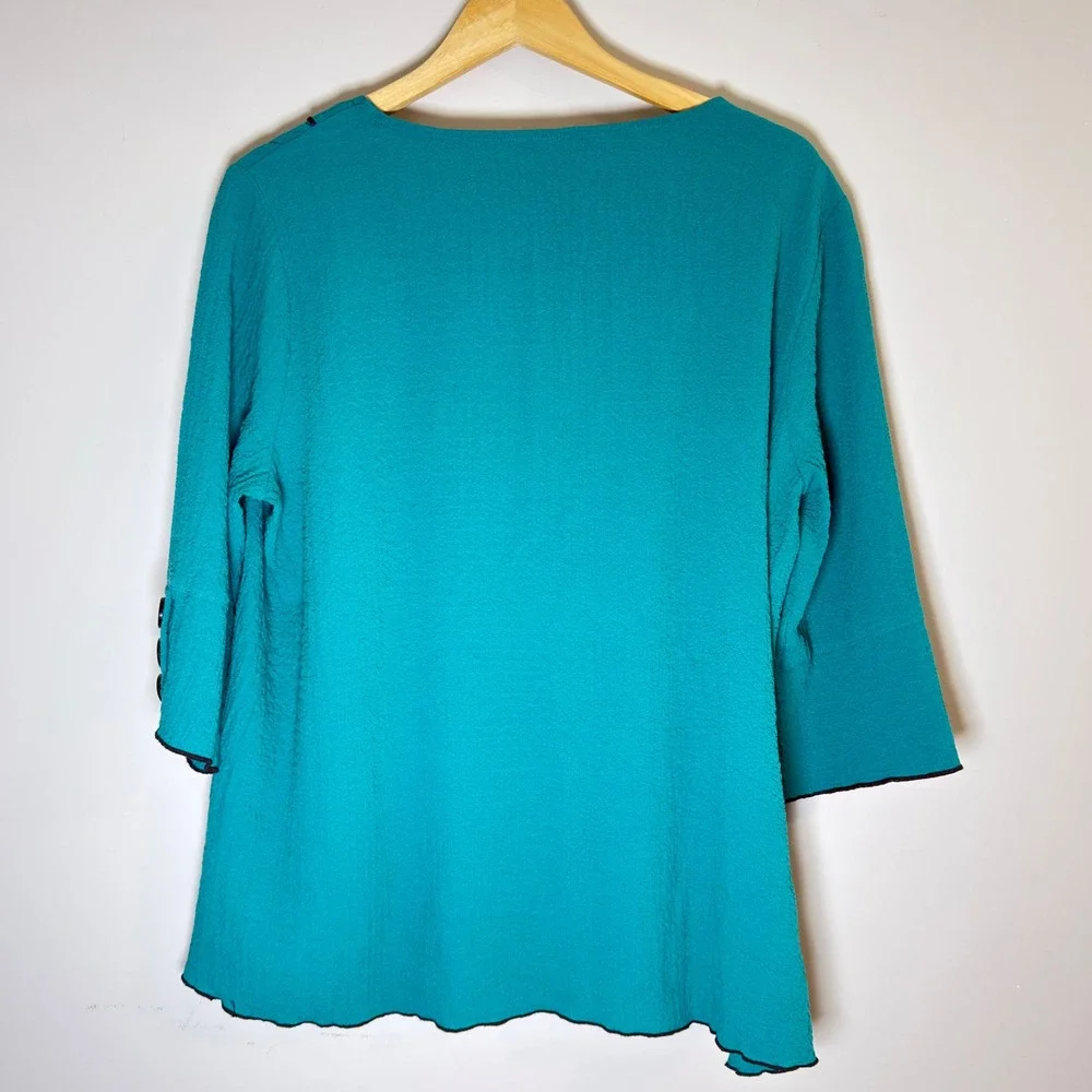 Ali Miles Teal Textured 3/4 Sleeve Asymmetrical Button Top Petite Large PL - Picture 3 of 8